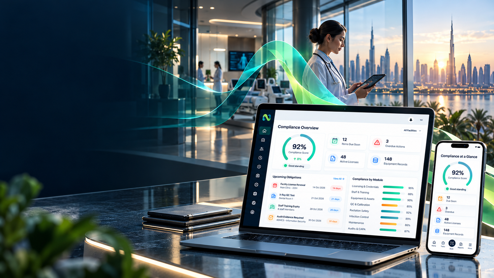 MedCare Hub ORCHESTRA connected healthcare operations, with clinician, Dubai skyline, compliance dashboard and mobile view